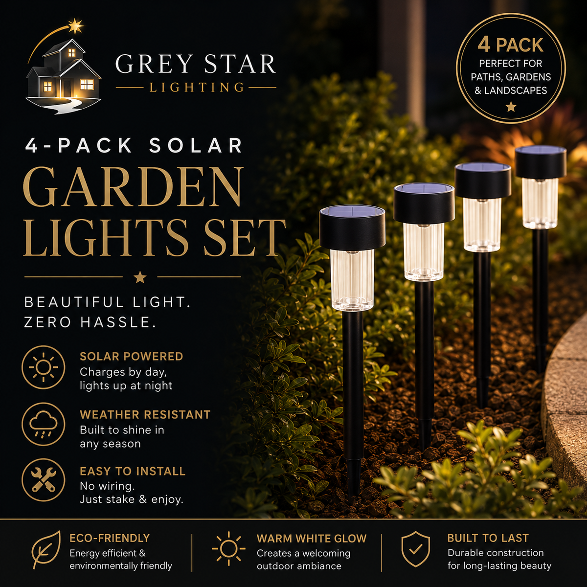 4-Pack Solar Powered Garden Lights Set