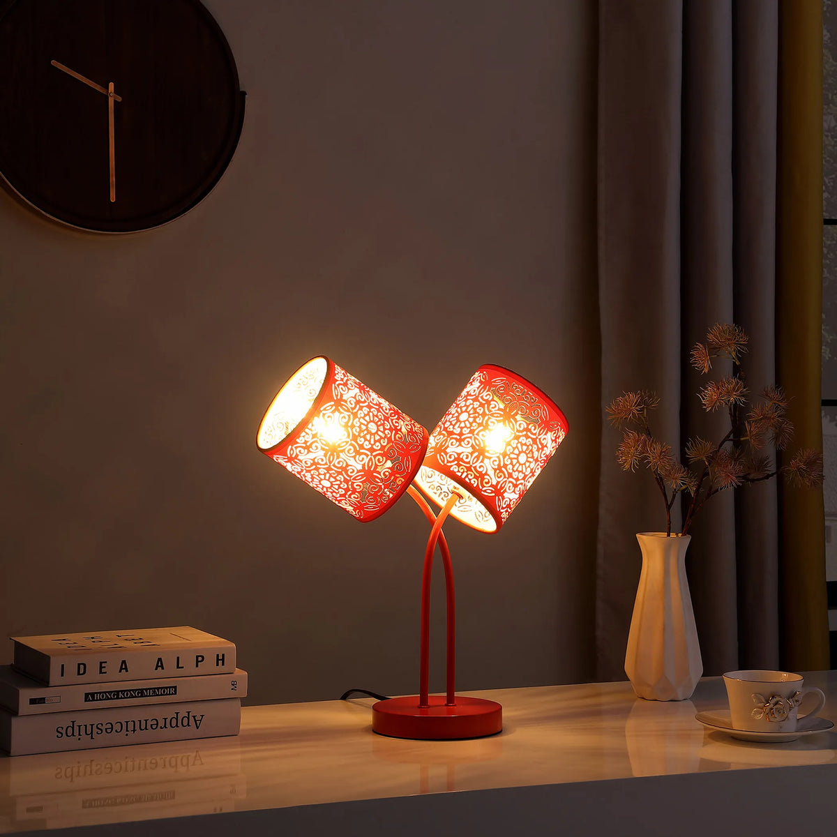 17" Red Metal Two Light Table Lamp With Red Abstract Drum Shade