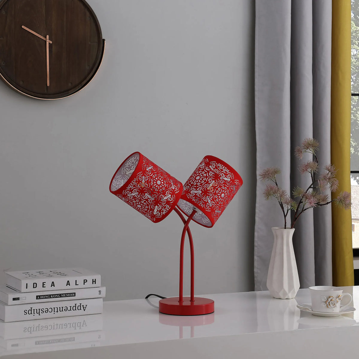 17" Red Metal Two Light Table Lamp With Red Abstract Drum Shade