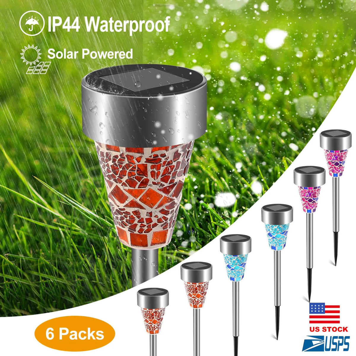 6 Pack Decorative Solar Garden Lights - Stained Glass